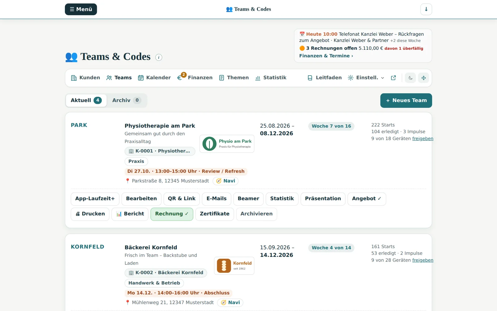 Dashboard: Teams & Codes